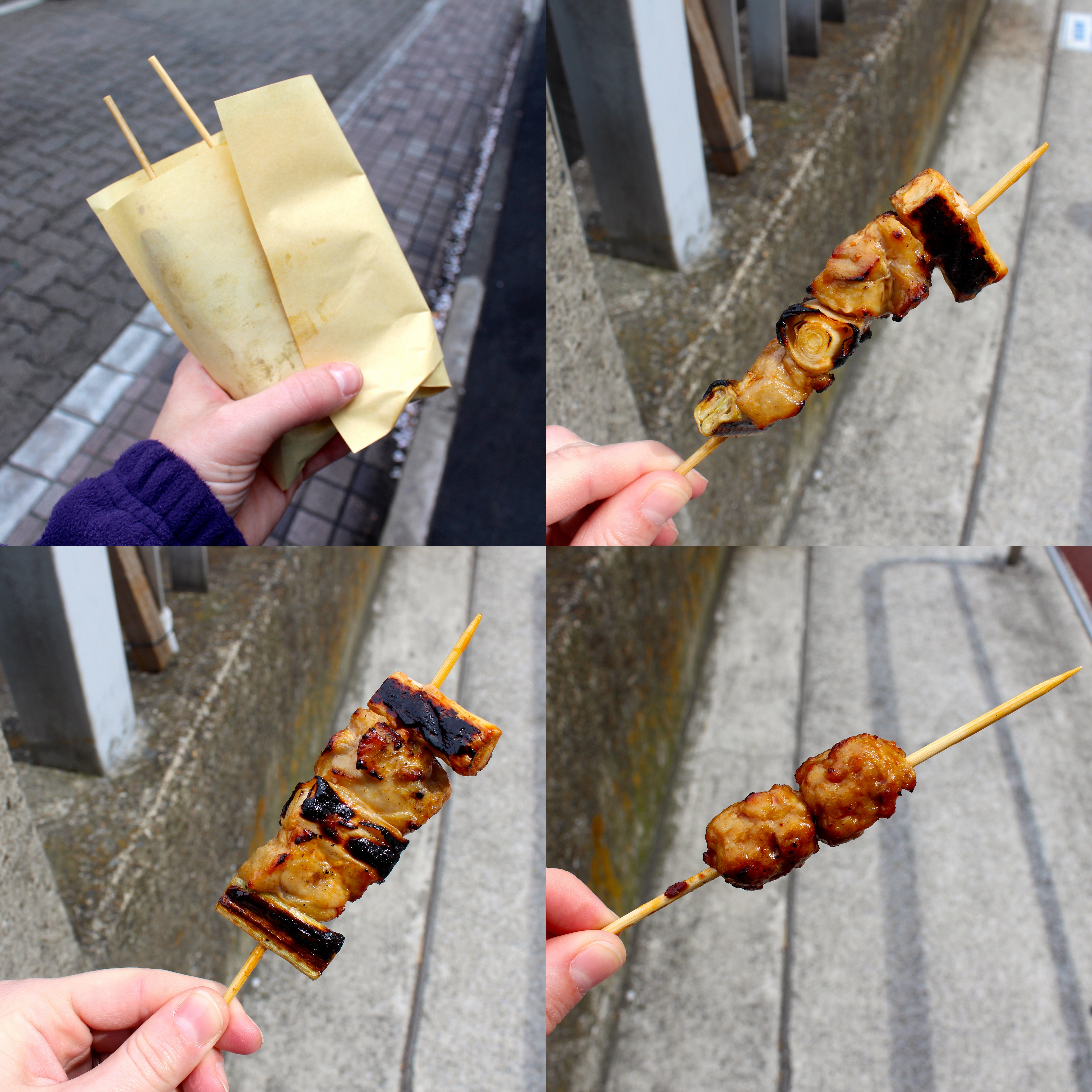 Yakitori are grilled skewers of chicken.  These are chicken thigh pieces with leeks and chicken meatballs.