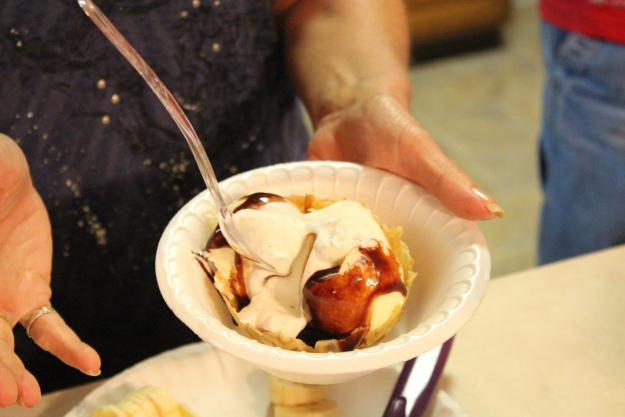 Aunt Mel's simple sundae of a waffle bowl, vanilla ice cream, chocolate fudge and vanilla bean whipped cream. She was very sad when we ran out of whipped cream!